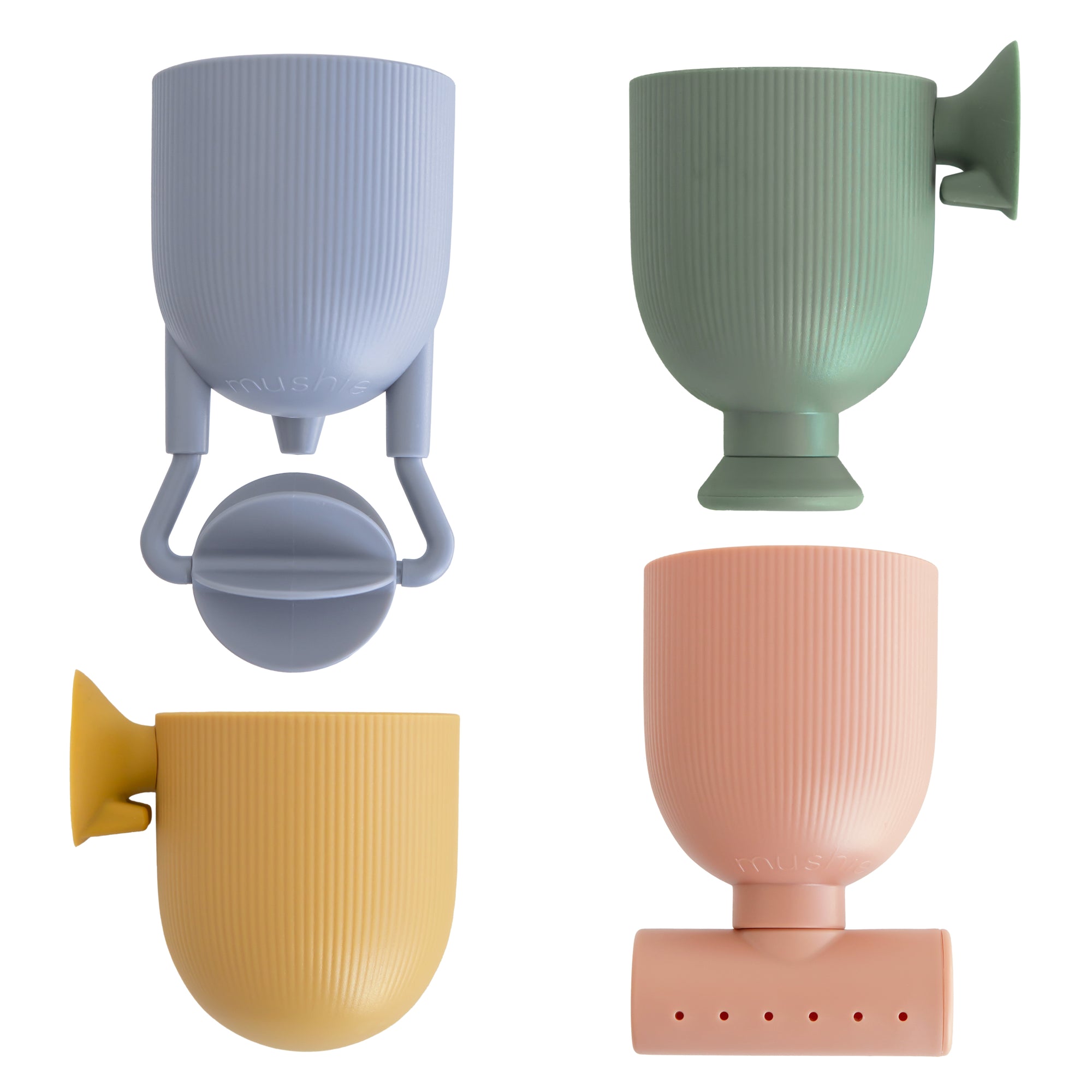 The mushie Pour and Play Bath Set features four textured, colorful cups for sensory play.