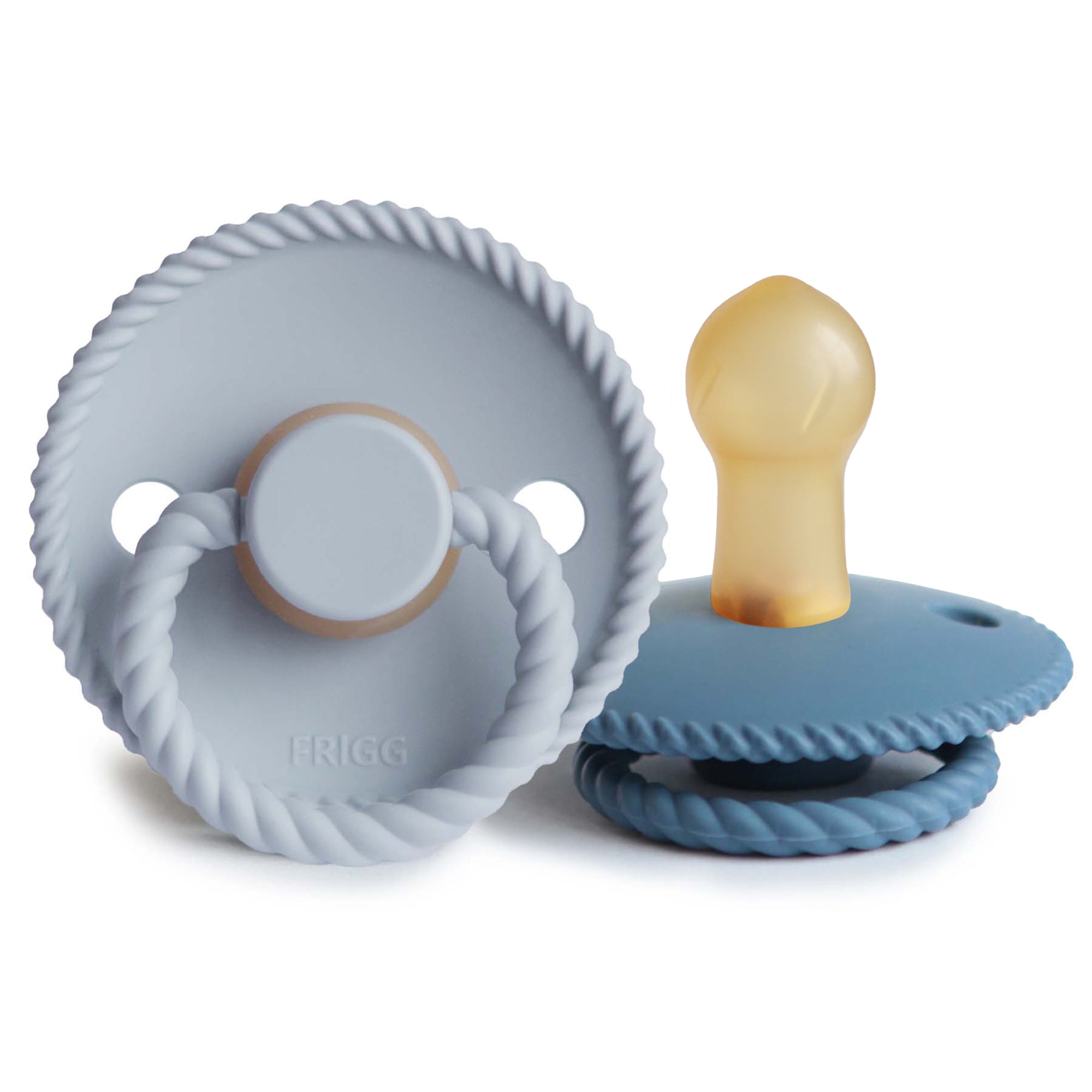 FRIGG Rope Natural Rubber Pacifier 2-Pack in Powder Blue/Ocean View by Mushie.