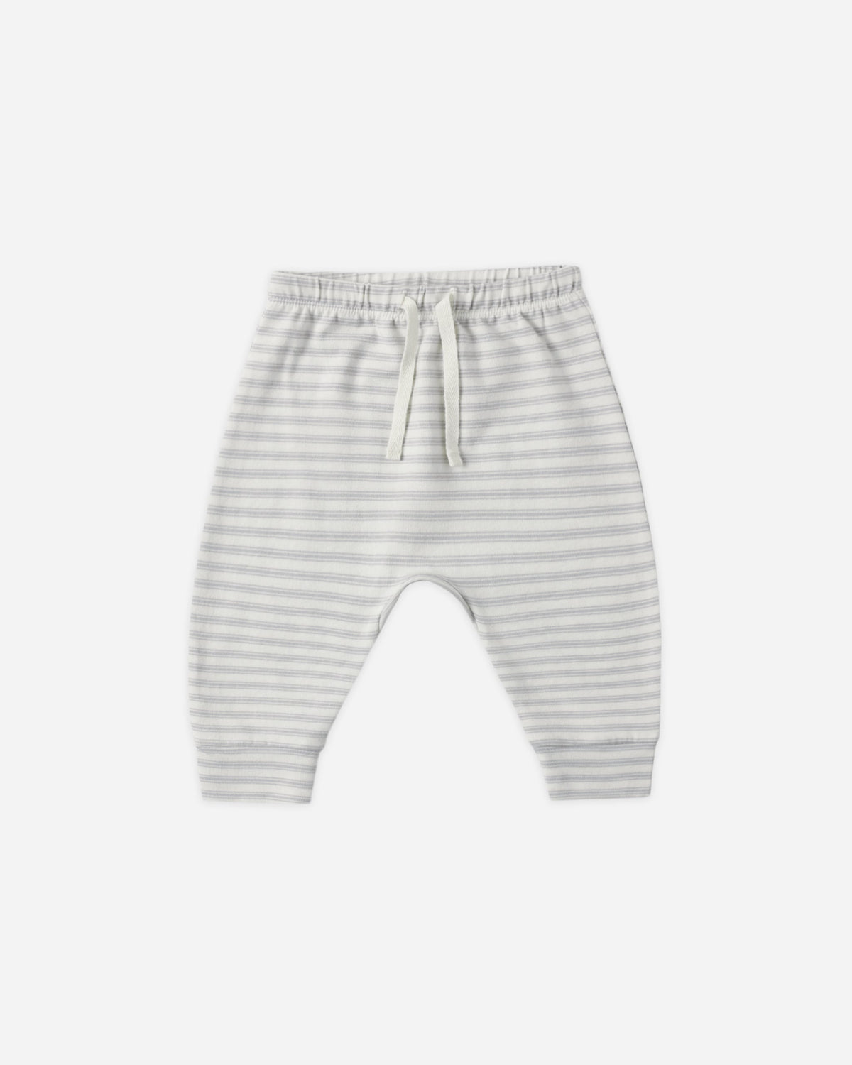 Rylee + Cru Drawstring Pant Cloud Stripe in gray/white, organic cotton, elastic waist, flat lay.