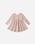 Rylee + Cru Ribbed Long Sleeve Dress in Dusty Rose Microstripe, flared on white background.