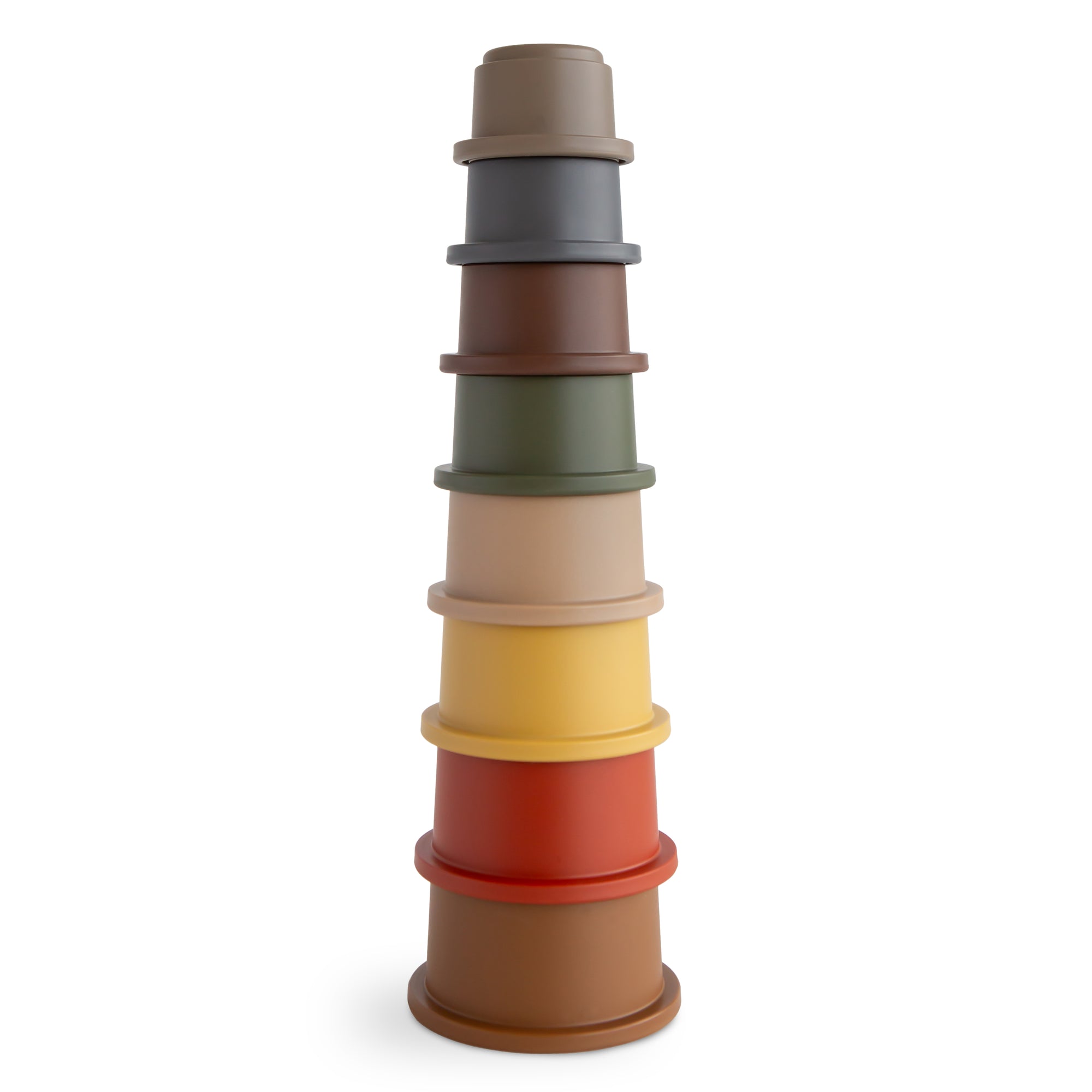 Mushie Stacking Cups Toy: set of 8 colorful cups, nestable from largest to smallest.