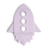 The mushie Rocket Teether is a flat, lavender silicone baby teether shaped like a rocket ship with three circular holes and decorative dotted lines, shown on a white background.