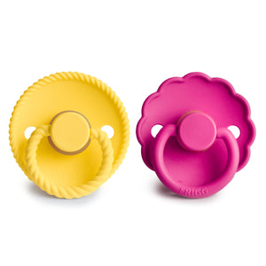 FRIGG Rope/Daisy Natural Rubber Baby Pacifier (Sunflower/Fuchsia) | 2-Pack | 6-18 Months