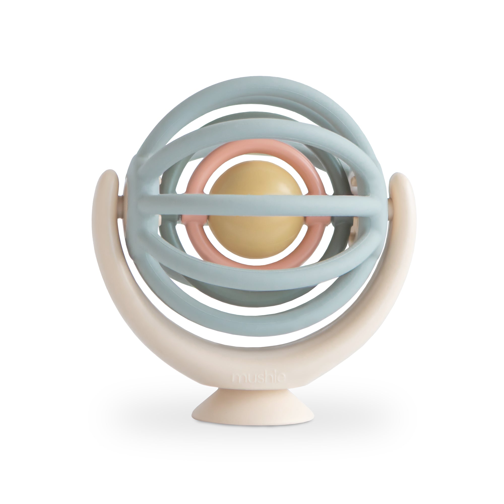 Mushie Suction Spinner Ball: pastel toy with interlocking rings and a yellow ball.