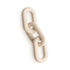 The mushie Links Teether features three interlocked, oval, cream-colored silicone links with "mushie" printed on one. Shown on a white background, it’s designed to soothe and comfort sore gums.