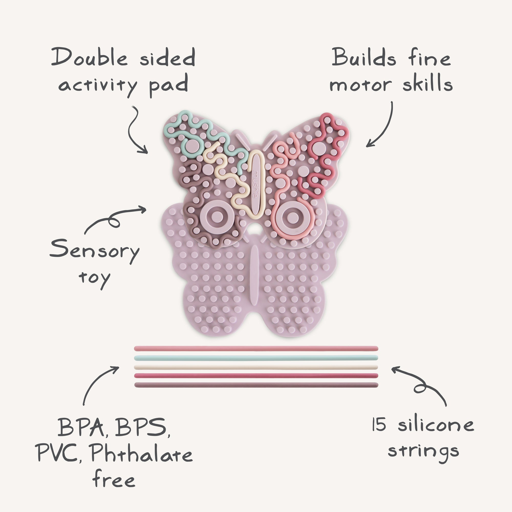 Mushie Silicone Sensory Toy: butterfly-shaped with textured surface and strings for fine motor play.