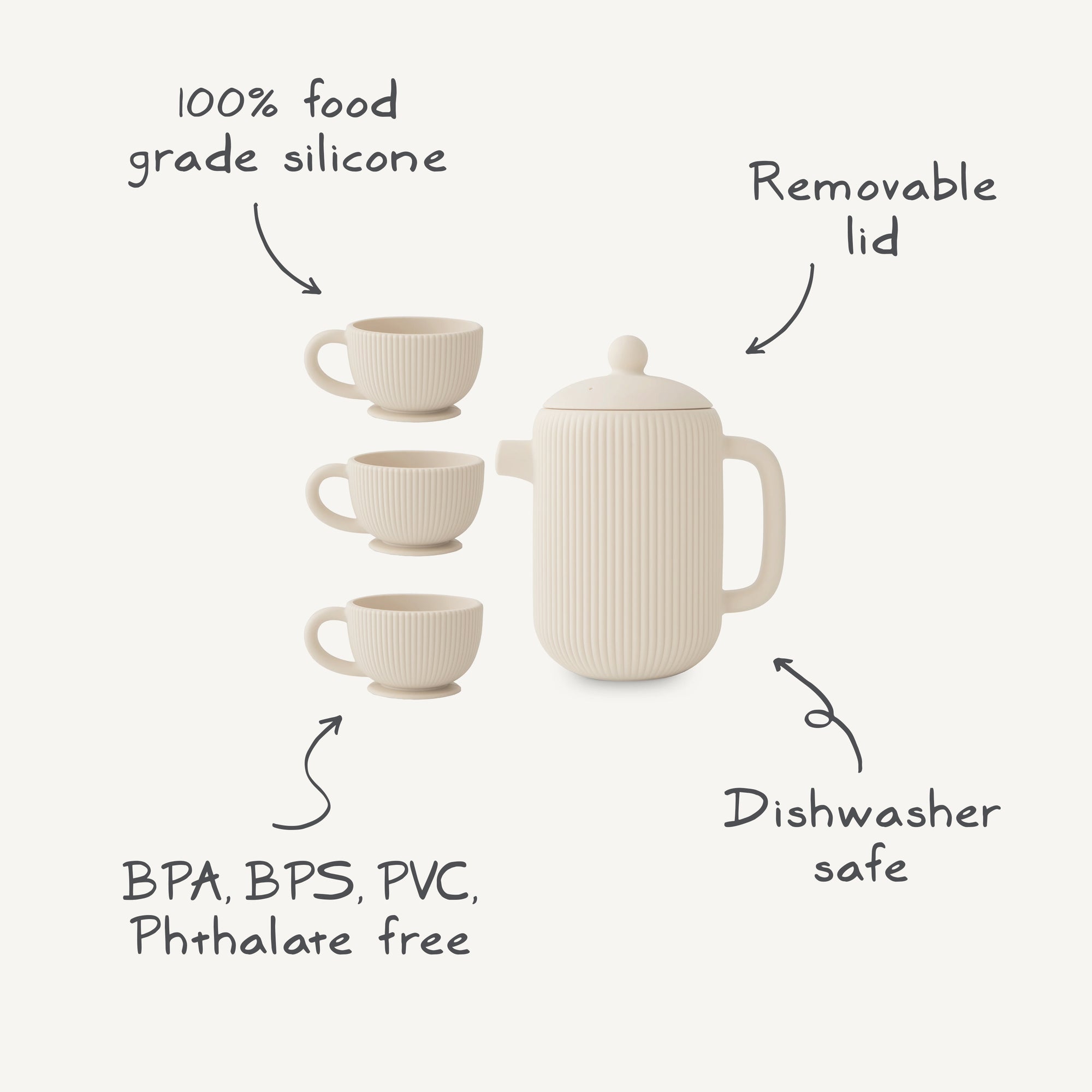 The Mushie Silicone Tea Play Set features a cream-colored pot with removable lid and three cups. Made from 100% food grade silicone, it’s dishwasher safe and free of BPA, BPS, PVC, and phthalates—perfect for pretend play!.