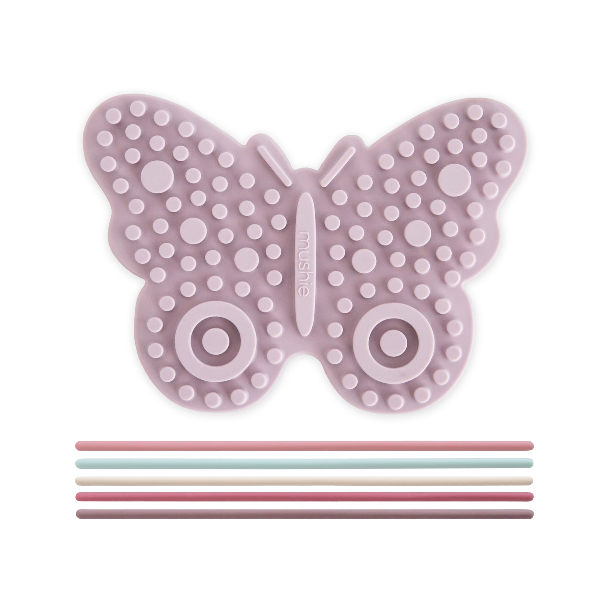 Mushie Silicone Sensory Toy: pink butterfly shape with 5 pastel straws for fine motor play.