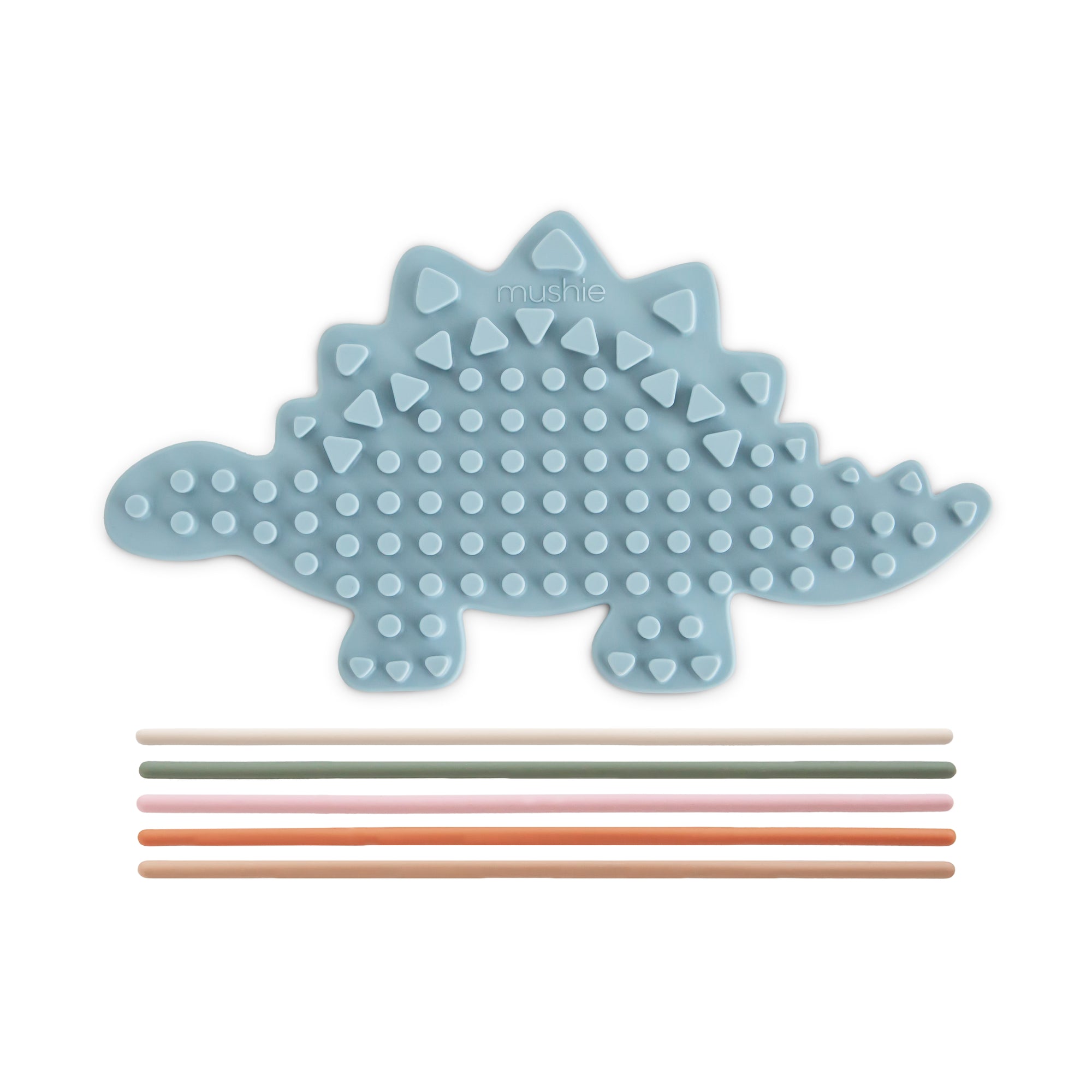 Mushie Silicone Sensory Toy: blue dinosaur with 6 colorful straws for fine motor play.