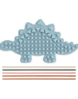 Mushie Silicone Sensory Toy: blue dinosaur with 6 colorful straws for fine motor play.
