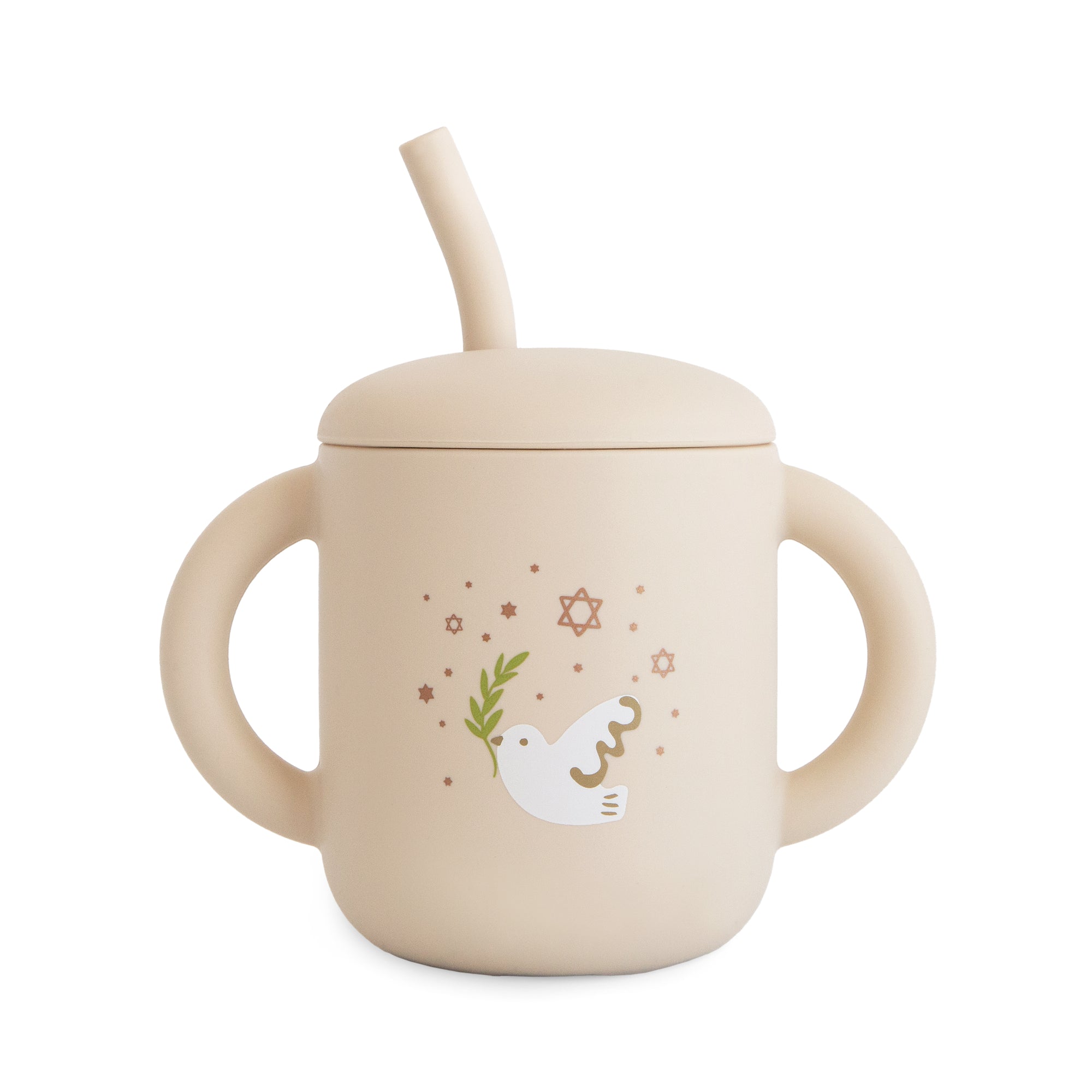 Mushie Silicone Training Cup + Straw in cream with handles, dove, olive branch, and stars.