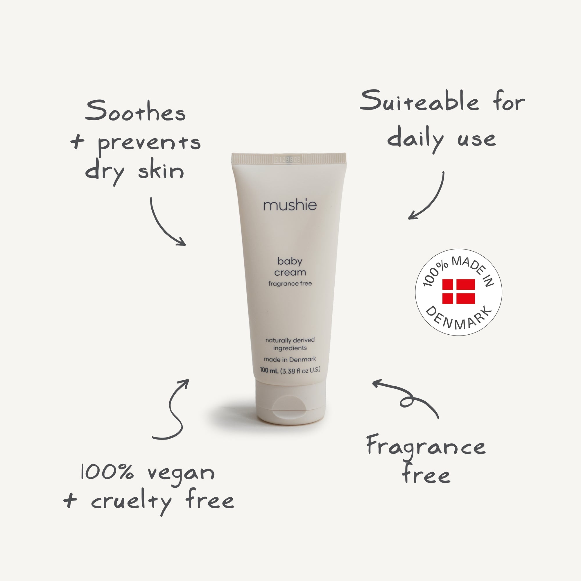 Mushie Baby Cream tube for dry skin, featuring Danish origin on the label.