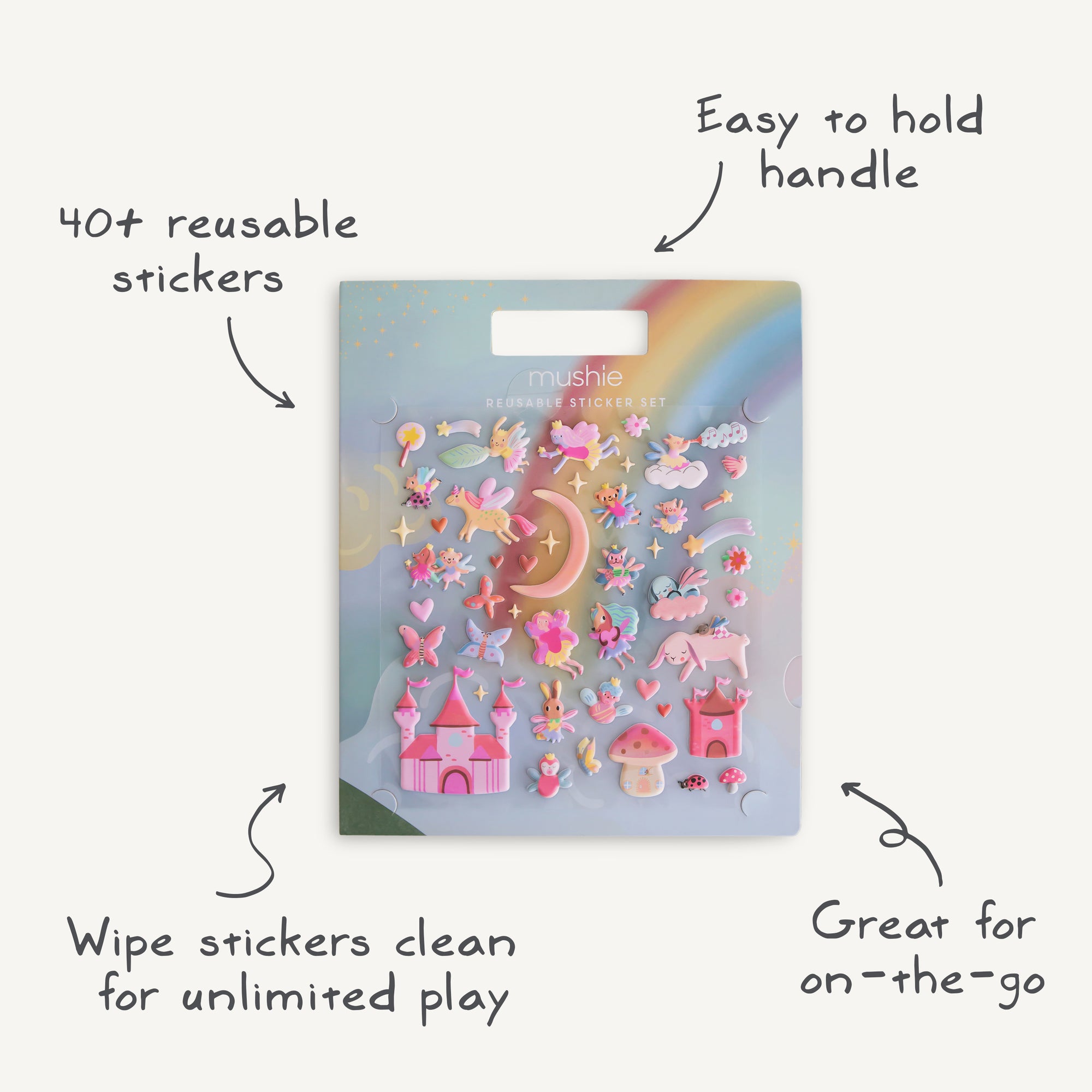 Pack of stickers with colorful designs on a white background, featuring text describing features.