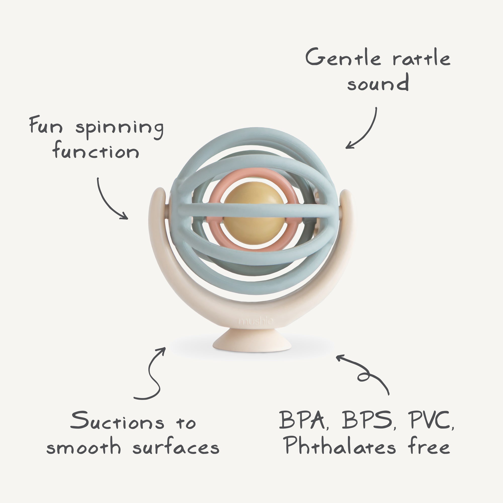 Mushie Suction Spinner Ball boosts fine motor skills and ensures safe play for babies.