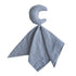 The mushie Moon Lovey Blanket is a soft, light blue baby security blanket made from organic cotton with a crescent moon-shaped plush at the top, shown on a white background.