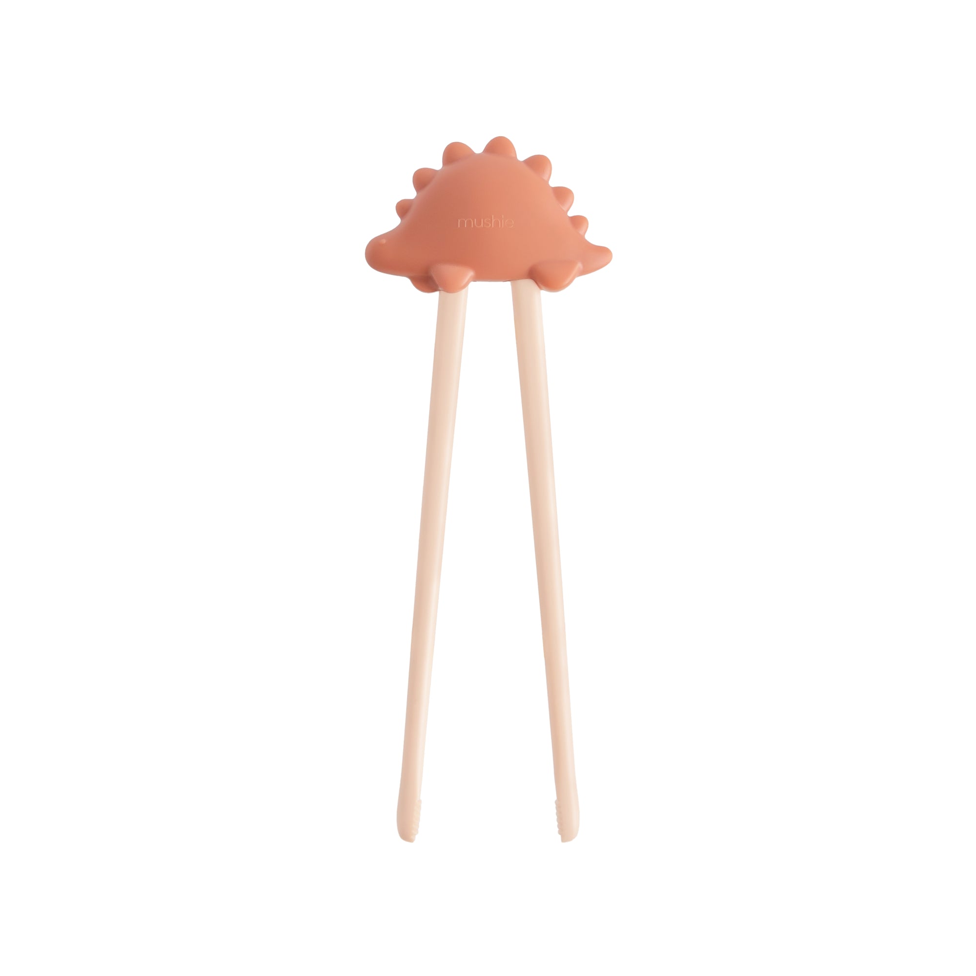 Mushie Training Chopsticks in Rose with dino topper, perfect for learning to use chopsticks.