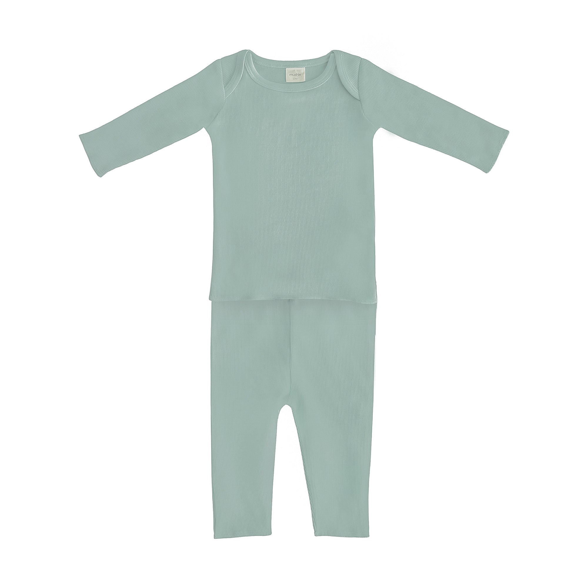 Mushie Two Piece Set: light green organic cotton long sleeve shirt and pants for kids.