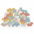 The mushie Wooden Balance Blocks are interlocking, cloud-shaped pastel toys in yellow, blue, pink, cream, and green—made from FSC-certified wood—for playful stacking fun against a white background.