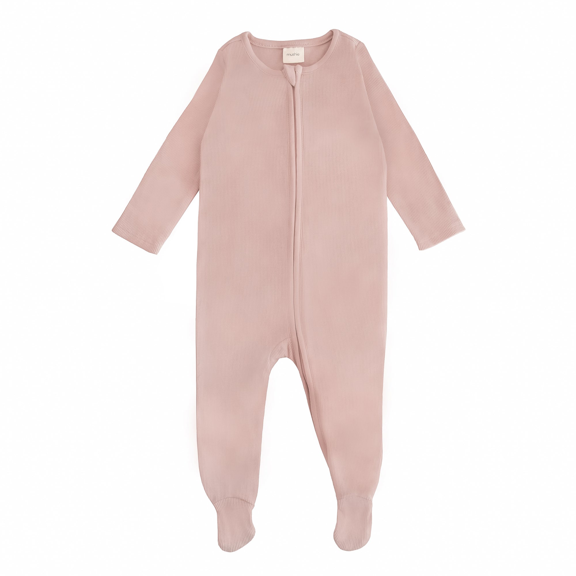 Mushie Zipper Pajama: light pink, long-sleeve footed, front zip, laid flat.