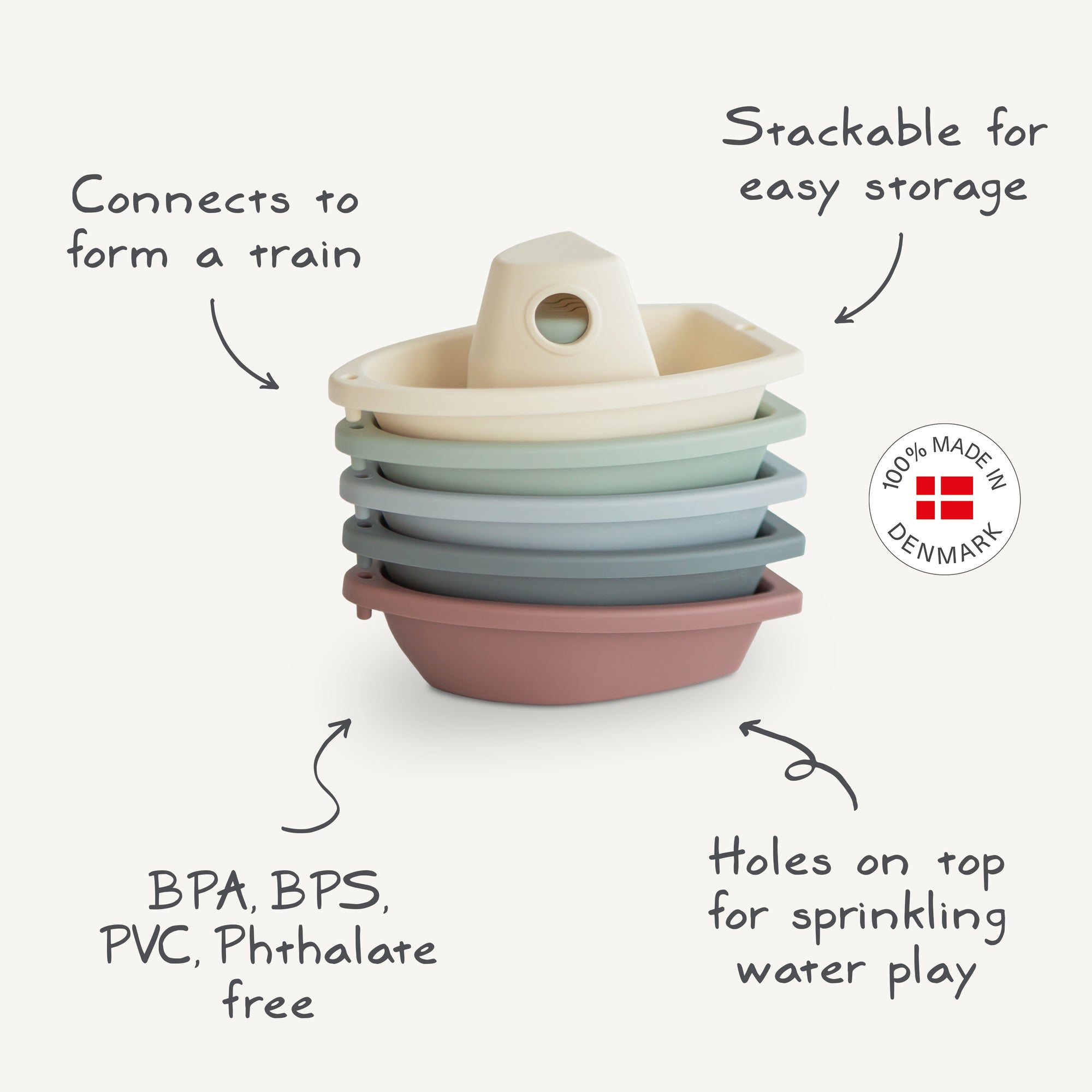 Mushie Bath Boats: Set of five pastel stackable boats made in Denmark from non-toxic plastic. Connect to form a train, sprinkle water with holes—safe and fun for bath time!.