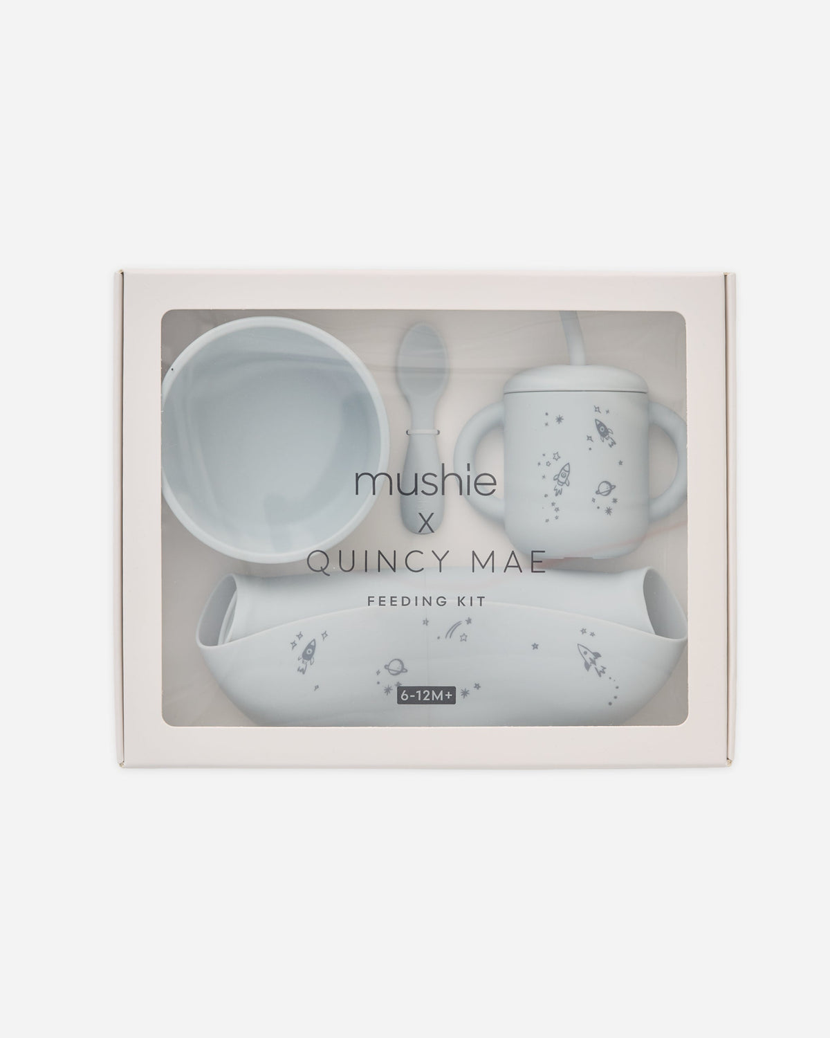 Rylee + Cru Feeding Kit Space: bowl, spoon, cup & silicone bib with soft gray space design.
