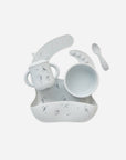 Rylee + Cru Feeding Kit Space—training cup, bowl, spoon, bib & placemat in gray.