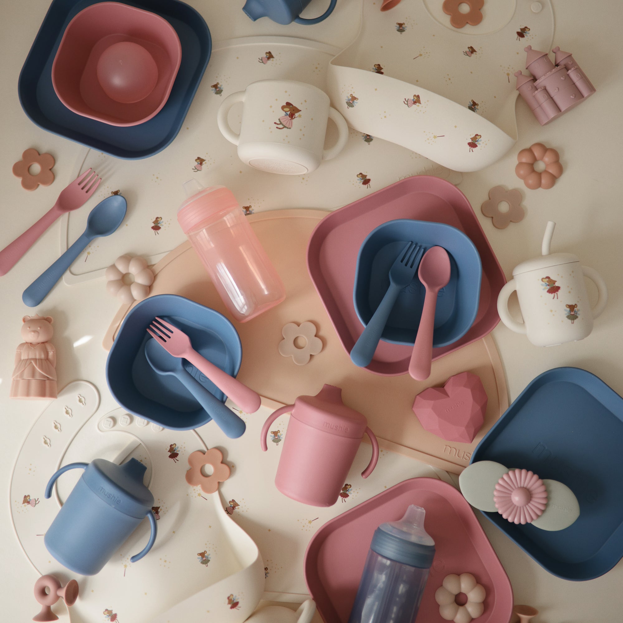 Mushie Dinnerware Fork and Spoon Set: pastel, non-toxic plastic for safe baby feeding.