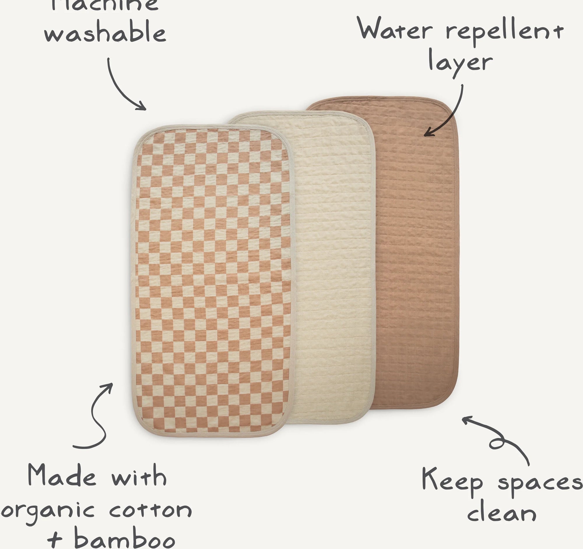 Three Mushie Changing Pad Liners: machine washable, water repellent, organic cotton.
