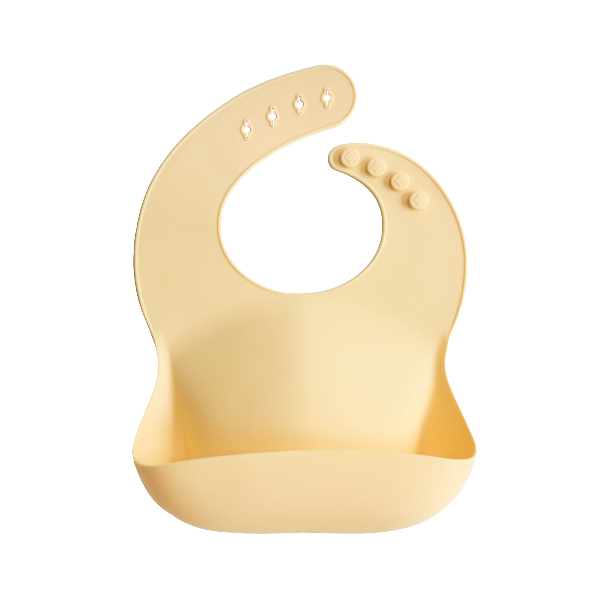 Mushie Silicone Baby Bib: easy-clean, adjustable fit, with crumb catcher pocket.