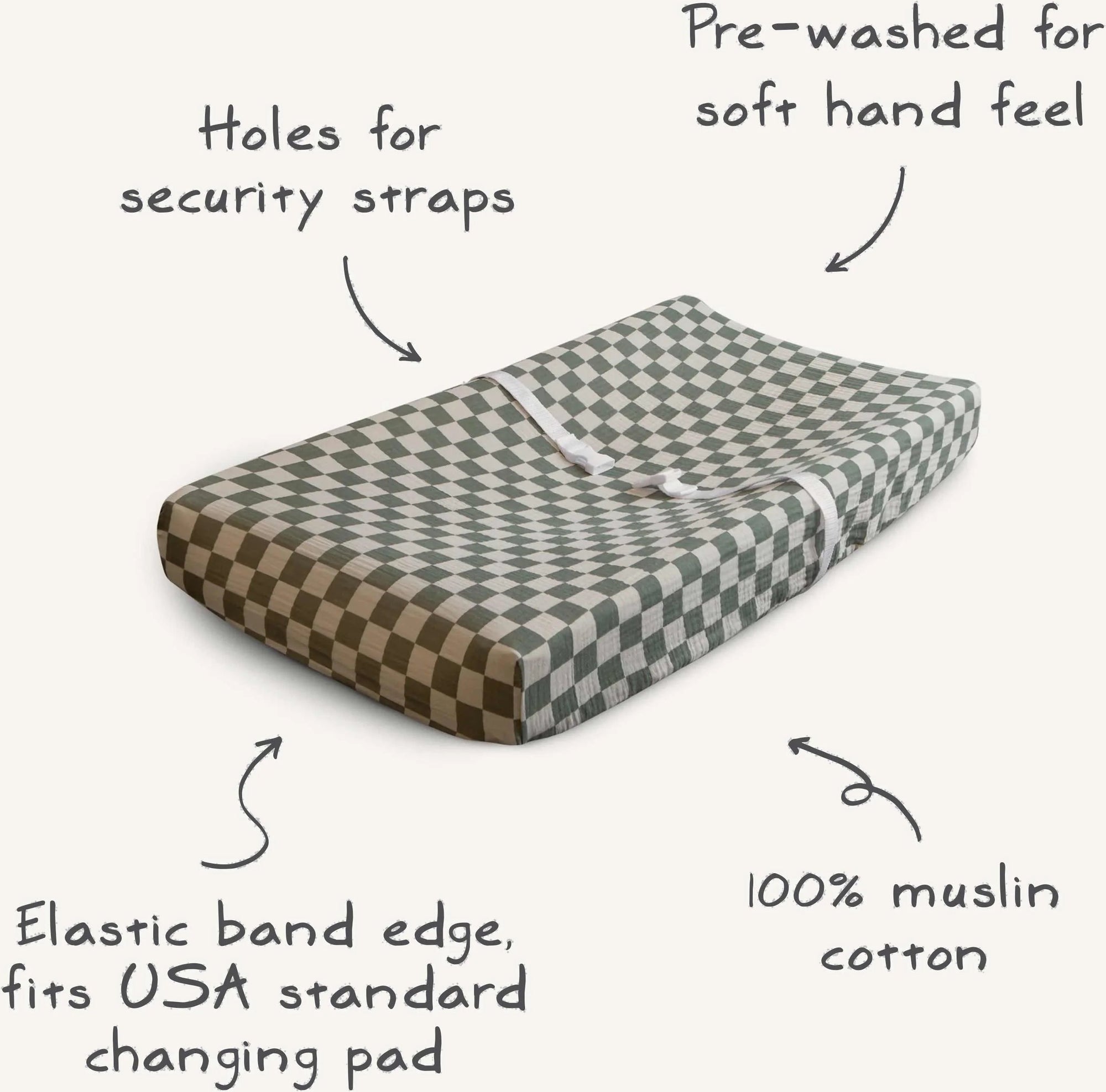 Mushie Extra Soft Muslin Changing Pad Cover—100% cotton, feature labels, and arrows shown.