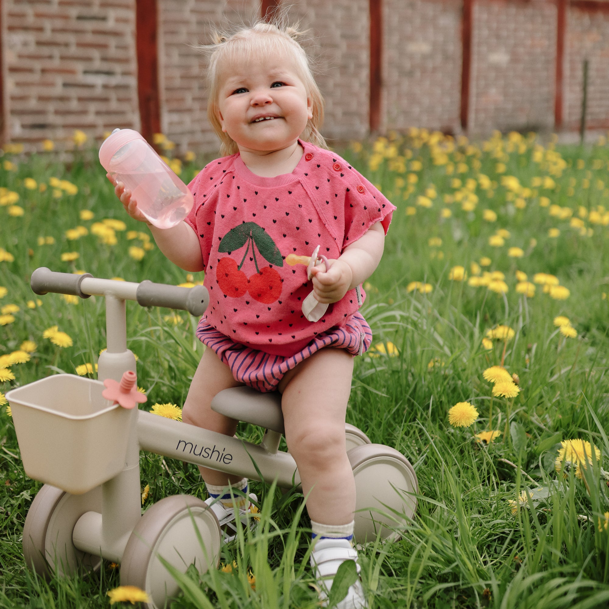 Smiling toddler with mushie Soft Spout Sippy Cup on tricycle, among yellow dandelions.